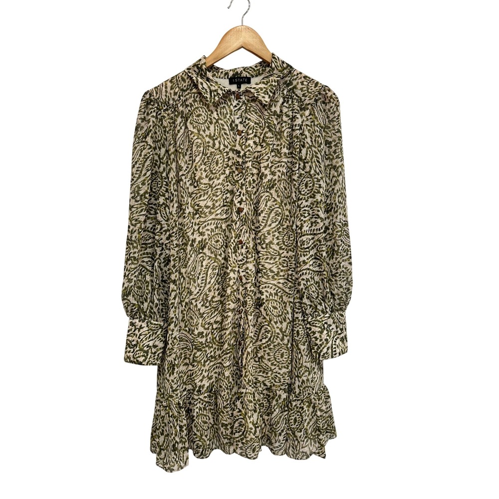 1.STATE Paisley Animal Print Ruffle Olive Green Button Front Mini Dress L